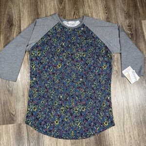 NWT Lularoe Shirt szM Randy Baseball Tee Geometric Blue & Gray Raglan Boho Artsy